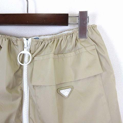 Prada Model Re-Nylon Mini Skirt Triangle Logo Front Zip Light Beige White 40 — view 4
