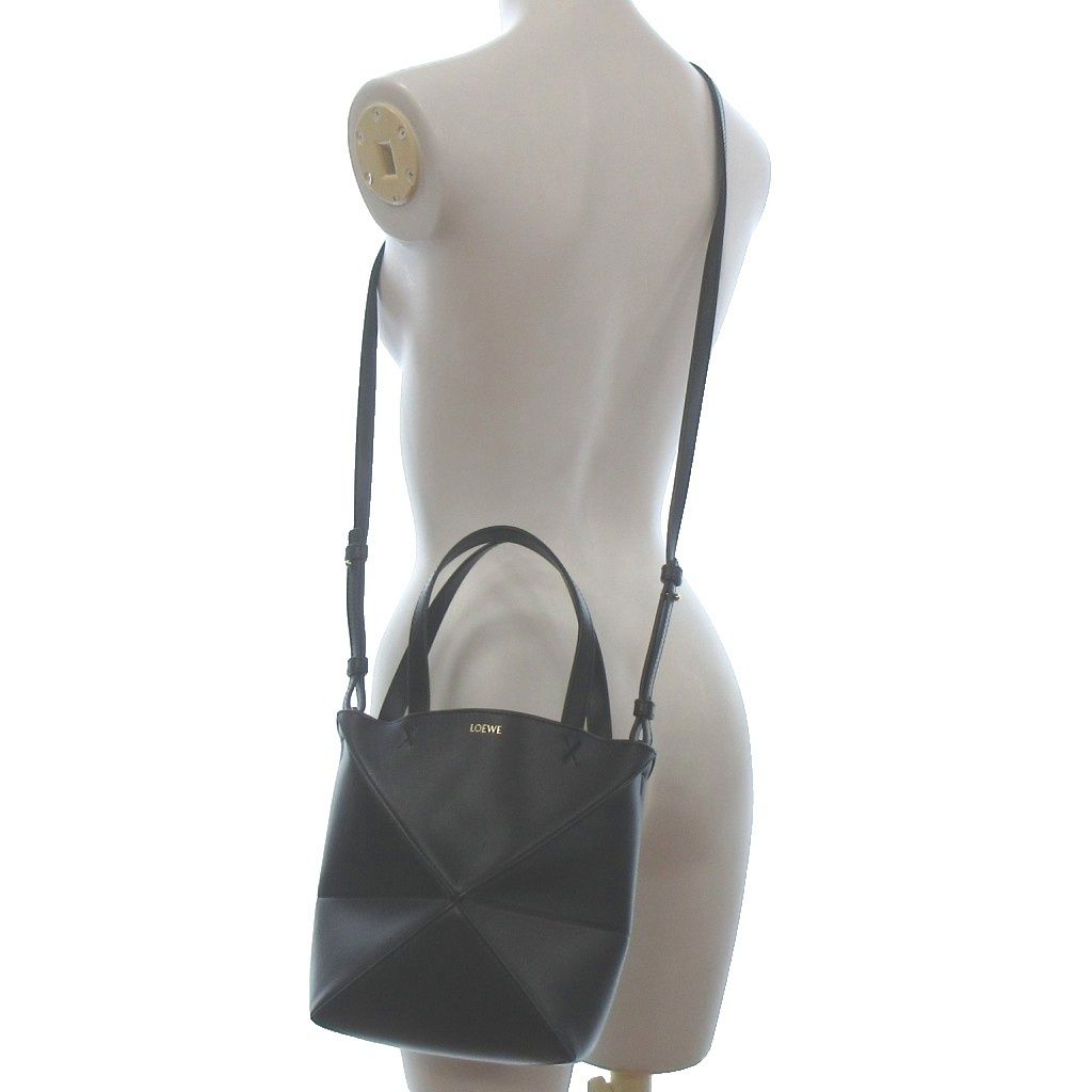 Loewe Puzzle Fold Mini Tote Shoulder 2-Way Logo Shiny Calfskin Black — view 8