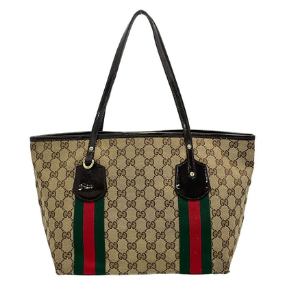 Gucci Tote Sherry GG Pattern Beige Dark Brown Multi Leather
