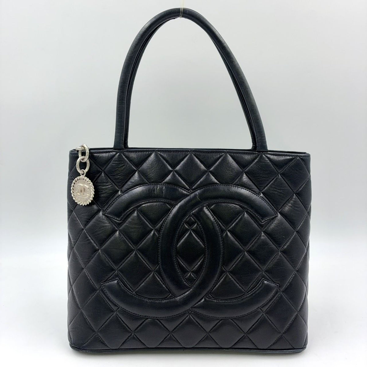 Chanel Lambskin Quilted Reprint Leather Black Tote Silver
