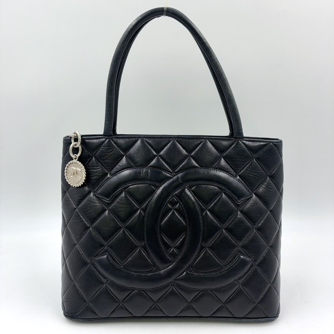 Chanel Lambskin Quilted Reprint Leather Black Tote Silver