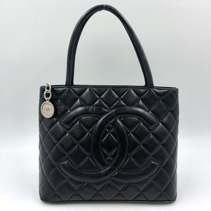 Chanel Lambskin Quilted Reprint Leather Black Tote Silver