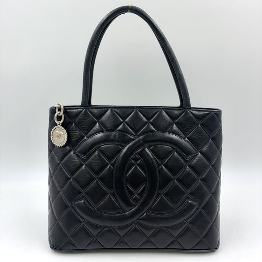 Chanel Lambskin Quilted Reprint Leather Black Tote Silver
