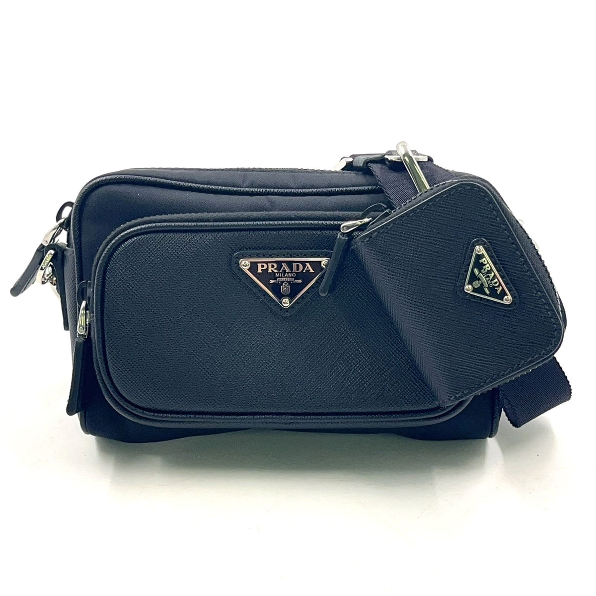 Prada Re-Nylon Saffiano Leather Nylon Black Shoulder Bag Silver