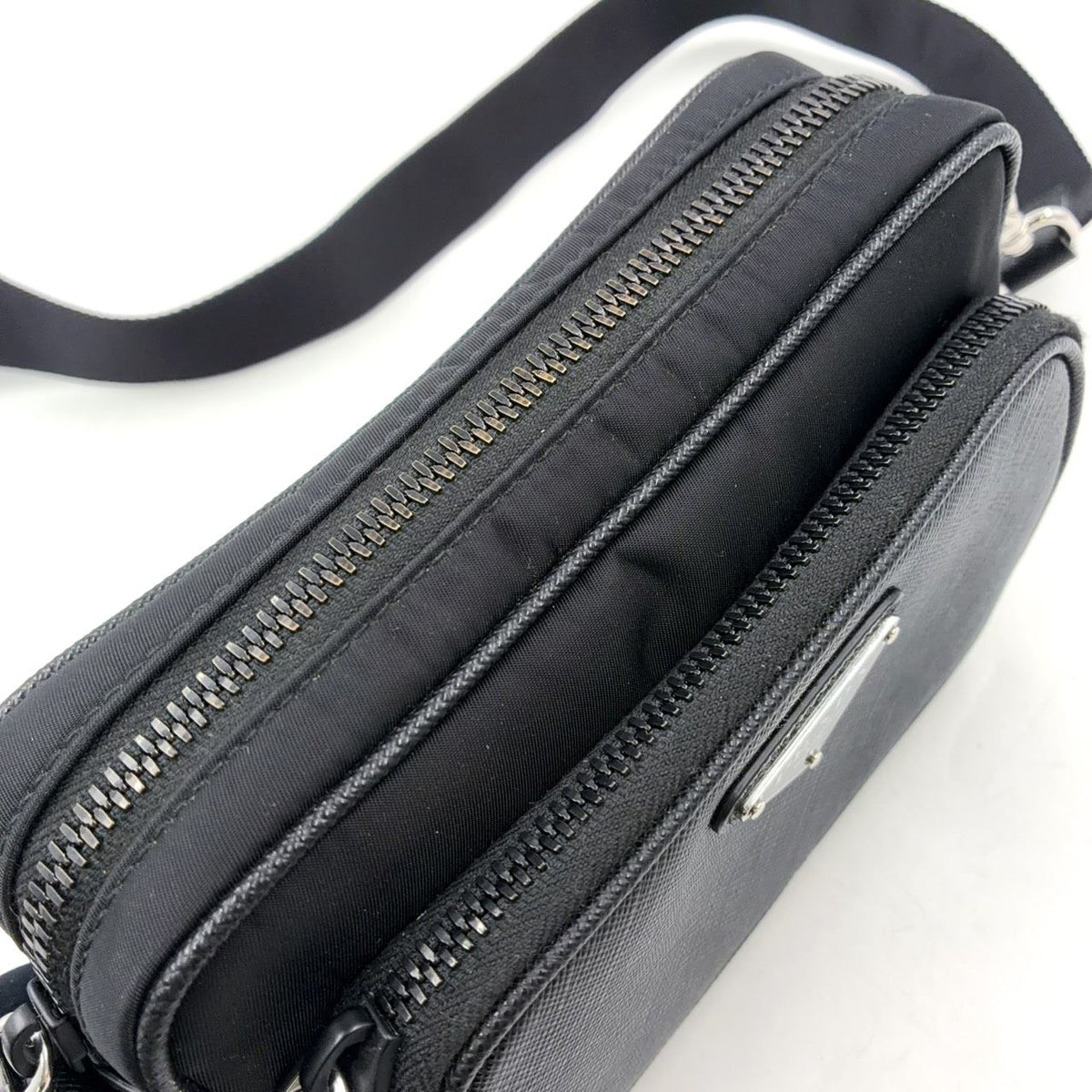 Prada Re-Nylon Saffiano Leather Nylon Black Shoulder Bag Silver — view 7