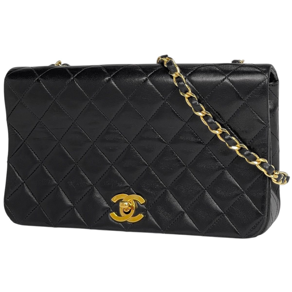 Chanel Shoulder Bag Quilted Single Flap CC Logo Leather Black