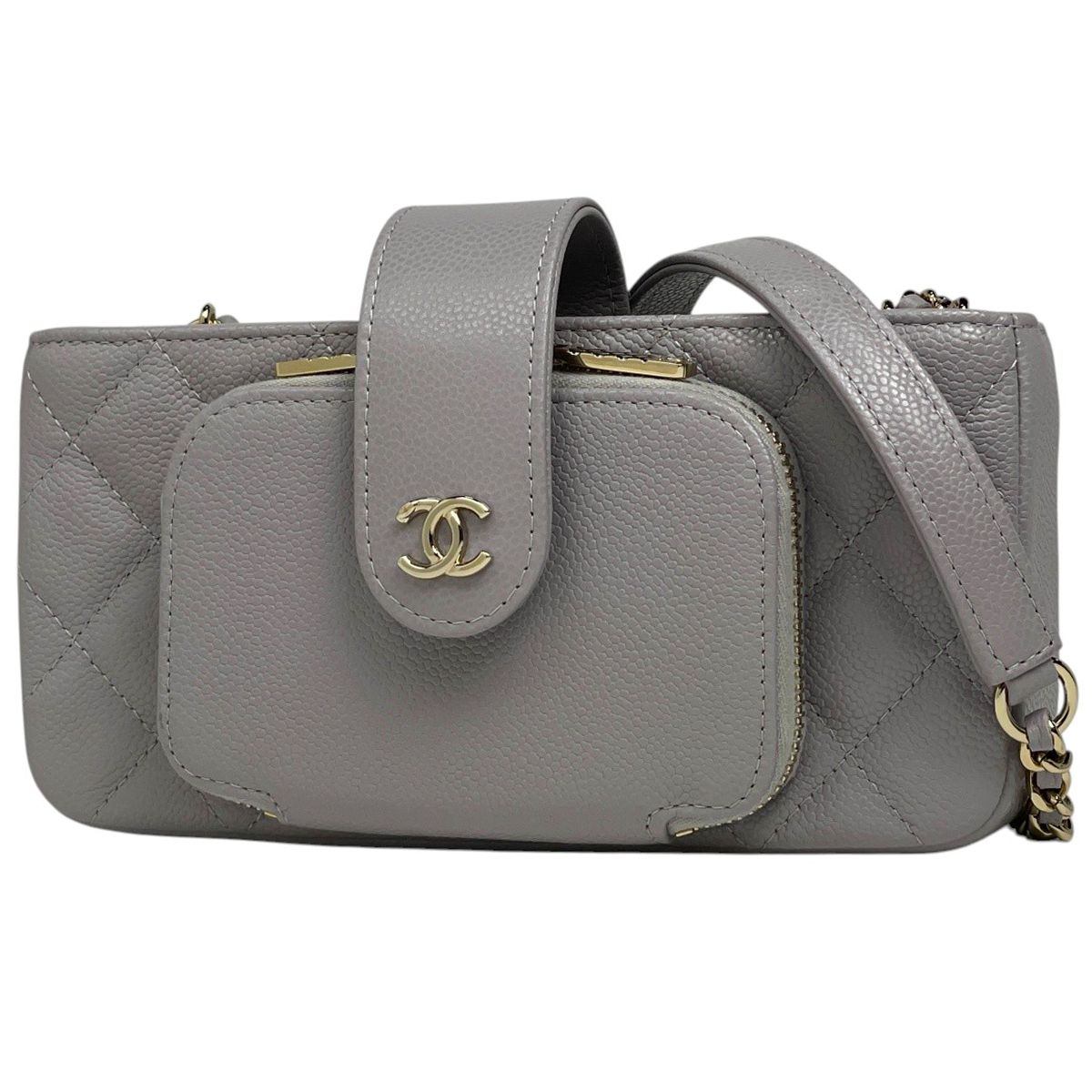 Chanel Shoulder Bag CC Logo Quilted Phone Case Caviar Leather Gray