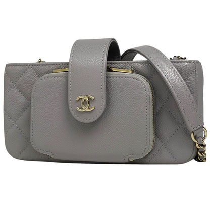 Chanel Shoulder Bag CC Logo Quilted Phone Case Caviar Leather Gray