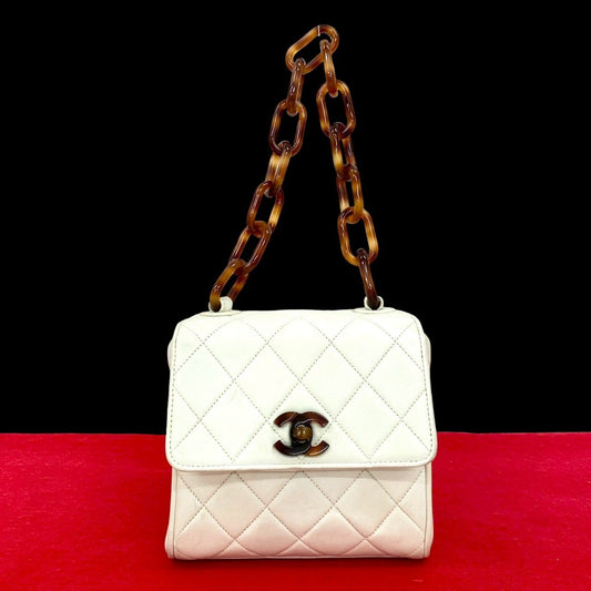 Chanel Quilted CC Logo Lambskin Chain Mini Handbag White Brown
