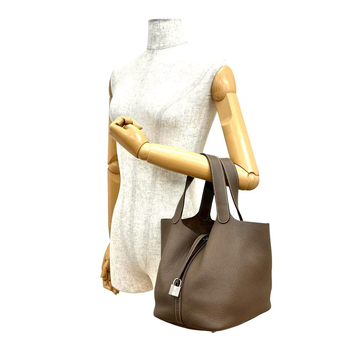 Hermes Keyed Picotin Lock MM Taurillon Clemence Etoupe Leather Handbag Mini Tote — view 2
