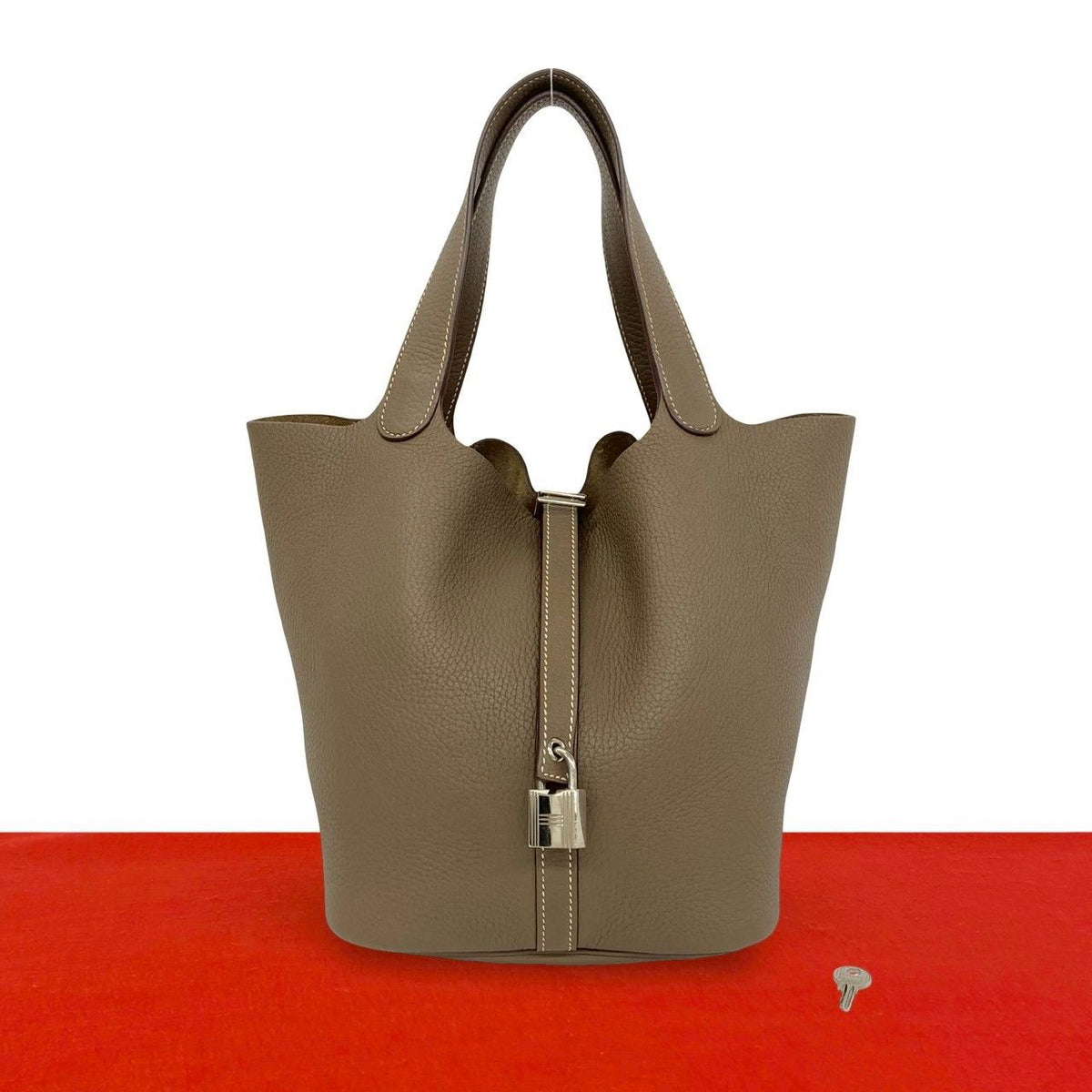 Hermes Keyed Picotin Lock MM Taurillon Clemence Etoupe Leather Handbag Mini Tote