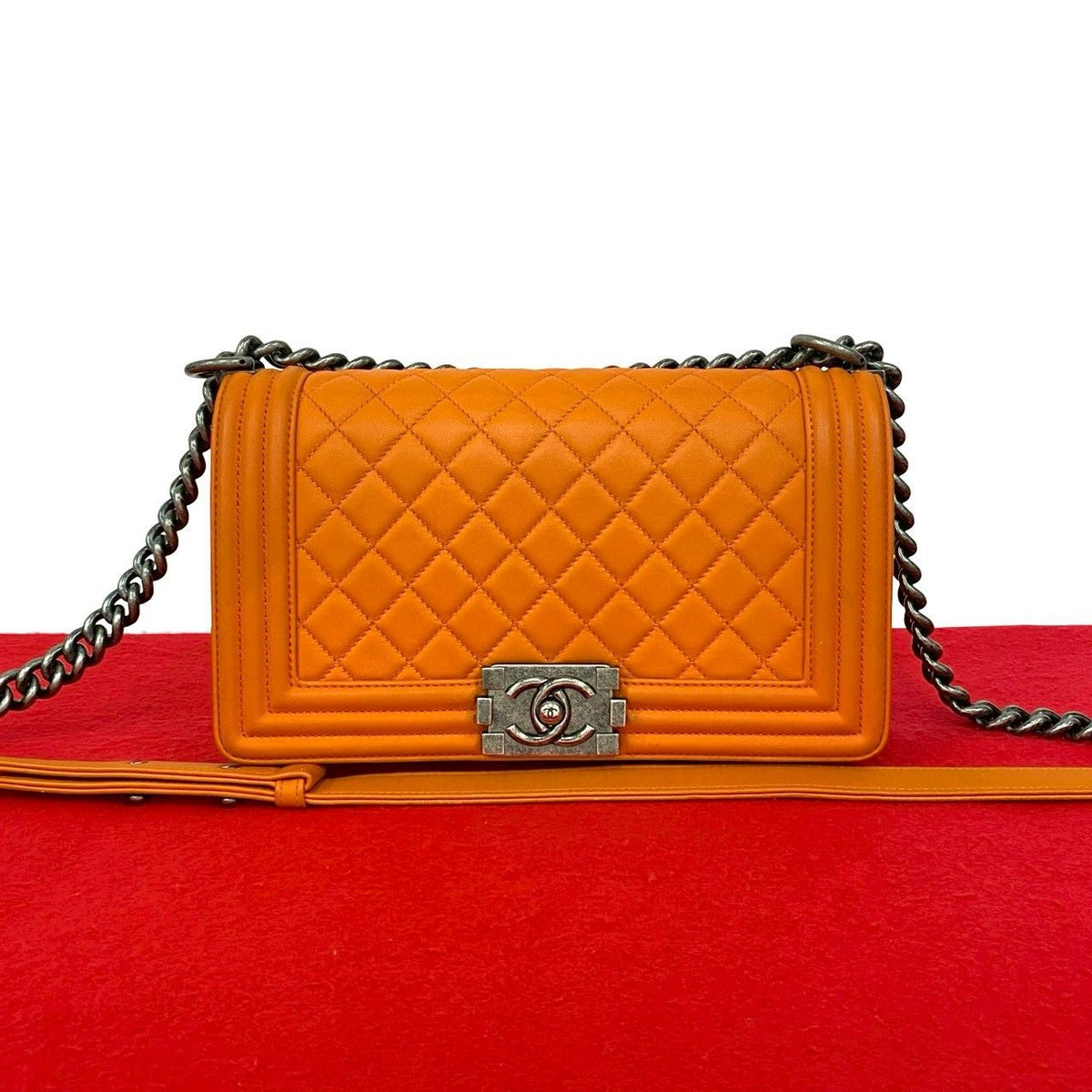 Chanel Seal Boy CC Logo Leather Shoulder Bag Pochette Orange