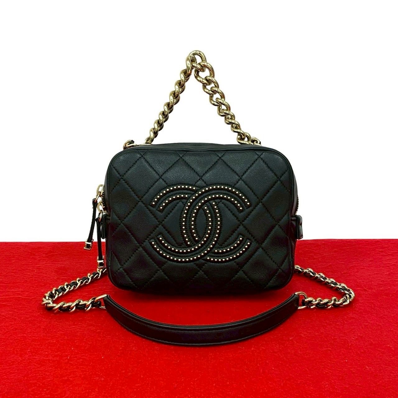 Chanel Quilted Coco Studs Leather 2-Way Chain Shoulder Bag Black