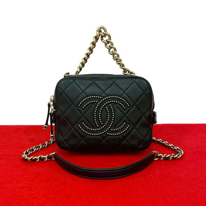 Chanel Quilted Coco Studs Leather 2-Way Chain Shoulder Bag Black