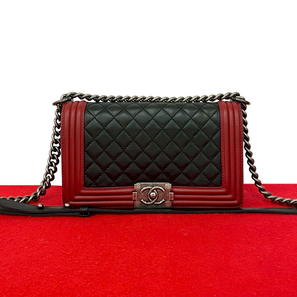 Chanel Boy CC Logo Lambskin Leather Chain Shoulder Bag Black