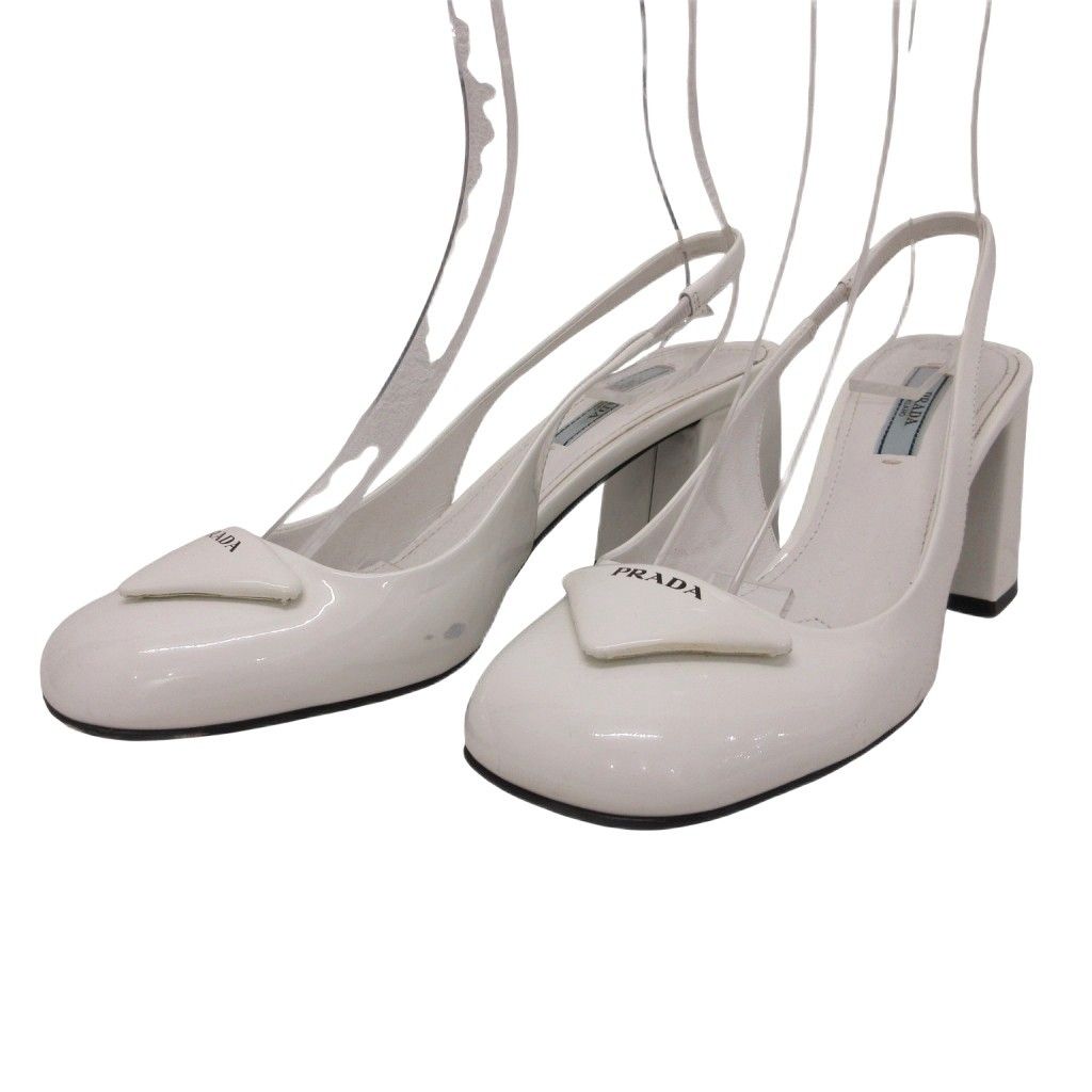 Prada Triangle Logo Sandals Pumps Slingback Patent Chunky Heel White