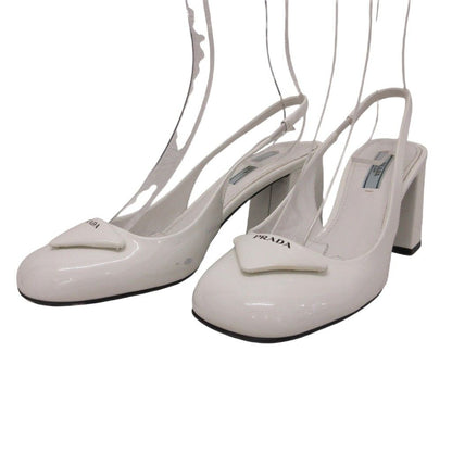 Prada Triangle Logo Sandals Pumps Slingback Patent Chunky Heel White