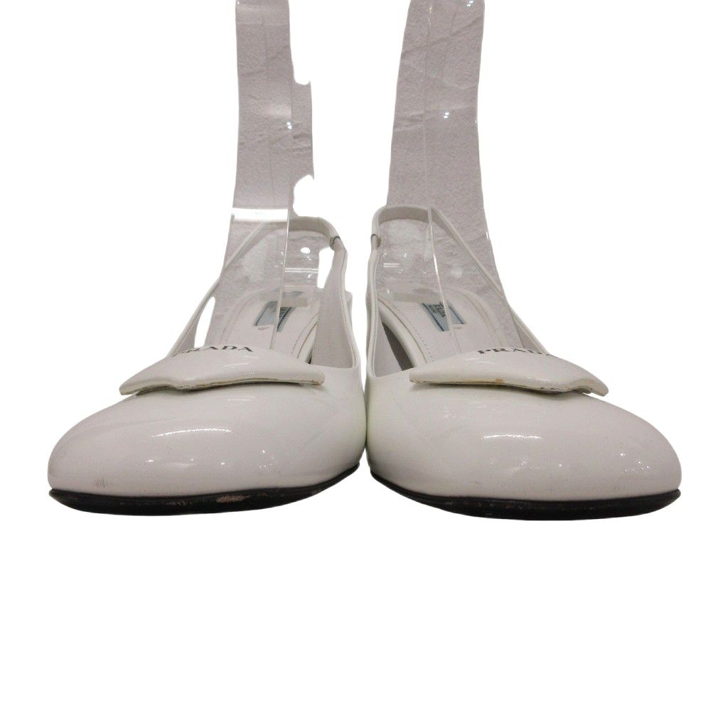 Prada Triangle Logo Sandals Pumps Slingback Patent Chunky Heel White — view 3