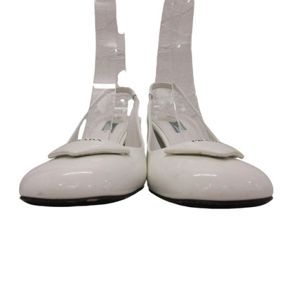 Prada Triangle Logo Sandals Pumps Slingback Patent Chunky Heel White — view 3