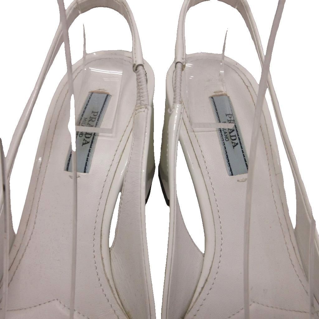 Prada Triangle Logo Sandals Pumps Slingback Patent Chunky Heel White — view 6