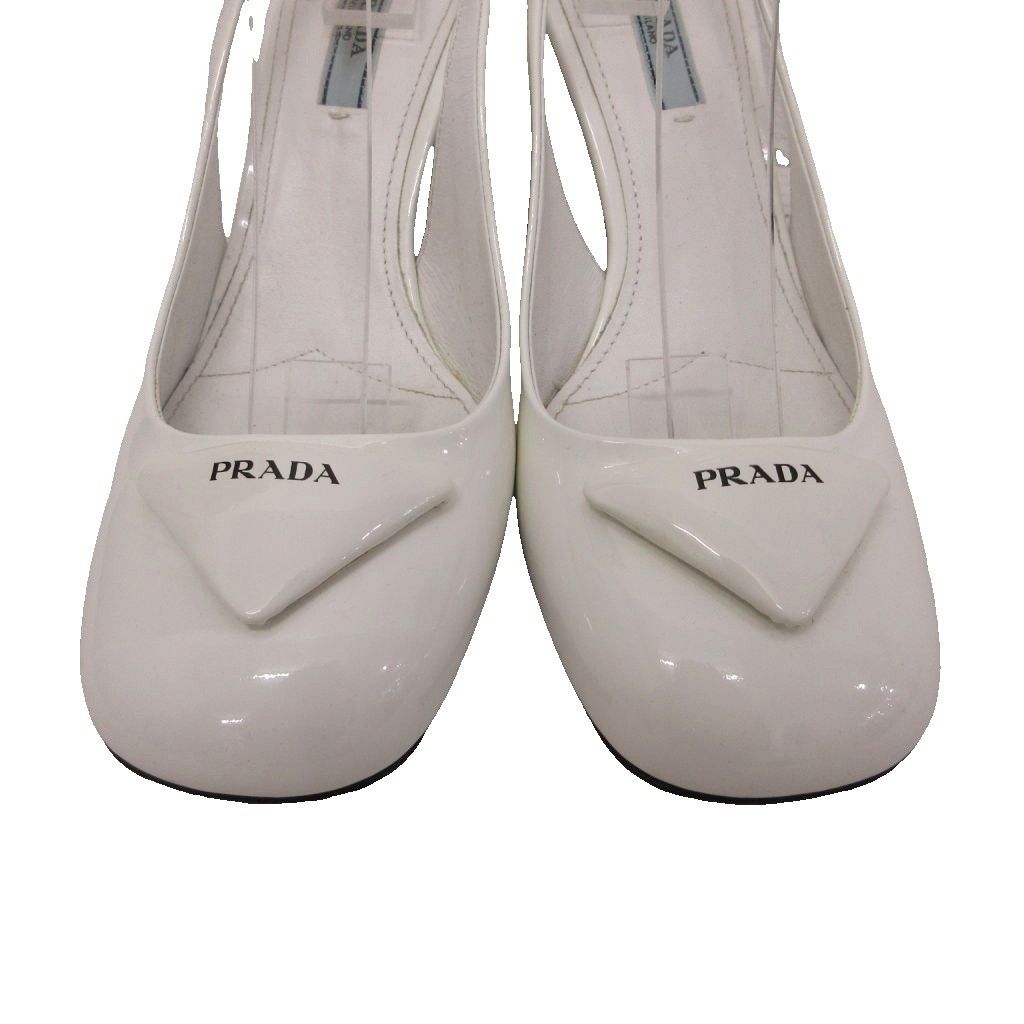 Prada Triangle Logo Sandals Pumps Slingback Patent Chunky Heel White — view 5