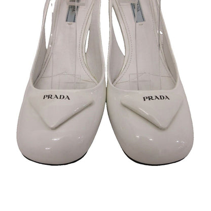 Prada Triangle Logo Sandals Pumps Slingback Patent Chunky Heel White — view 5