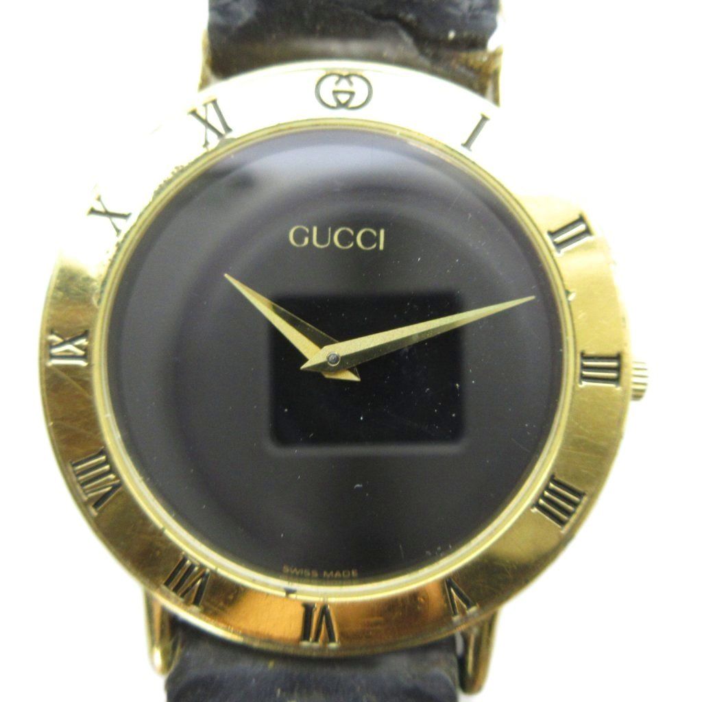 Gucci 3000.2 M Watch Quartz Leather Strap Black Dial Gold