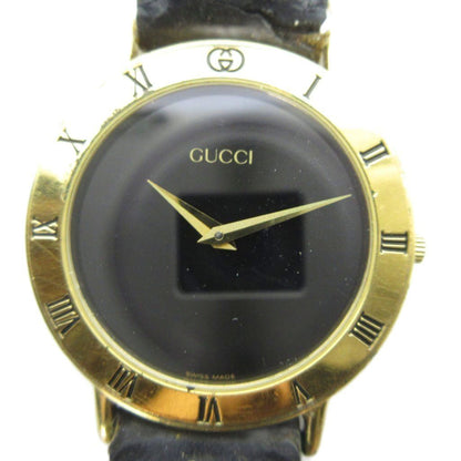 Gucci 3000.2 M Watch Quartz Leather Strap Black Dial Gold