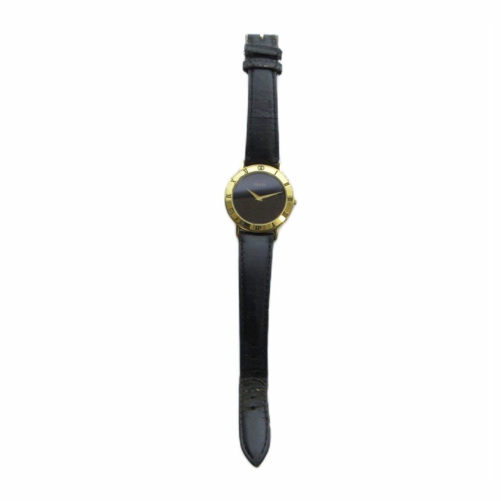 Gucci 3000.2 M Watch Quartz Leather Strap Black Dial Gold — view 3