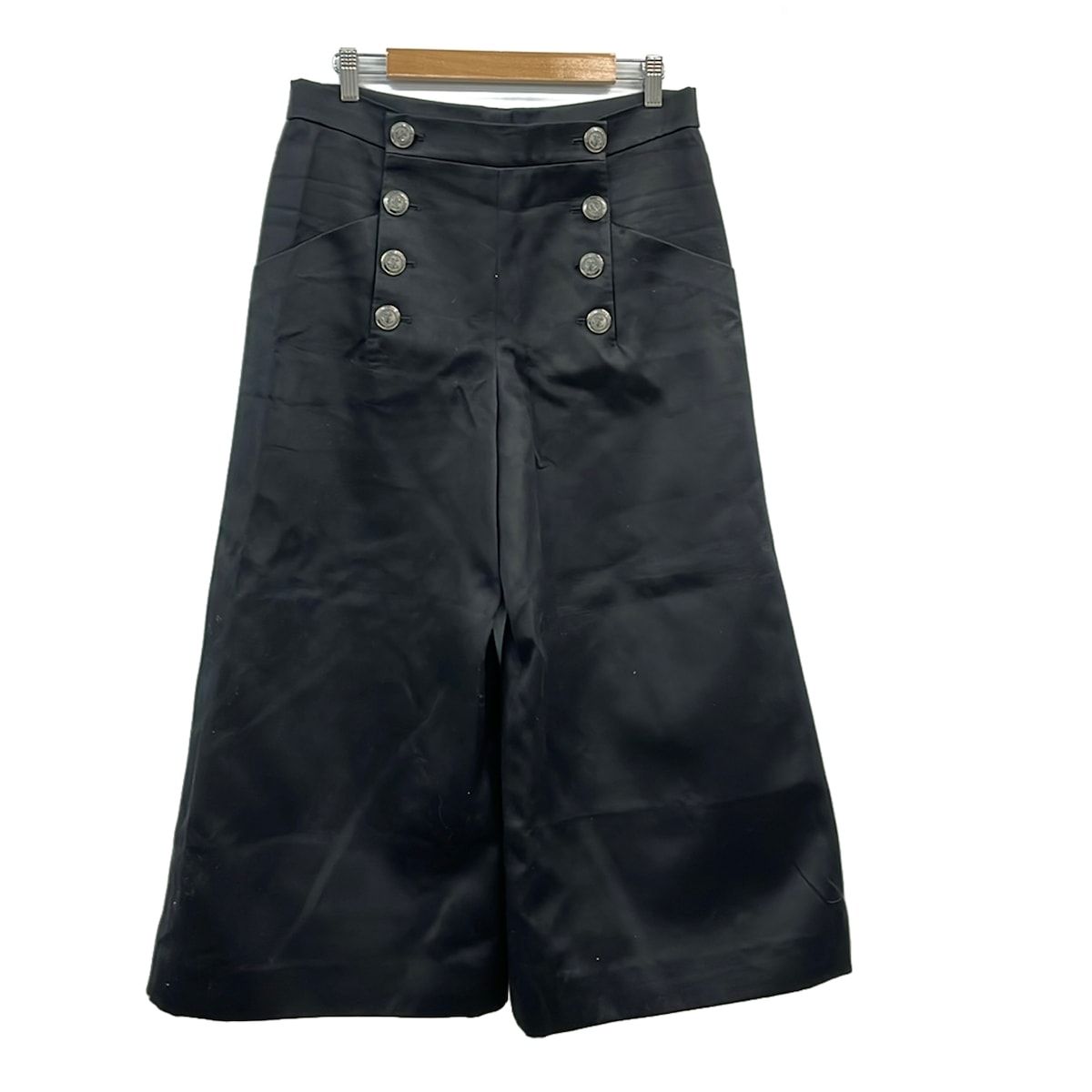 Chanel Pants M Black Cropped Half End Wide Anchor Button 40