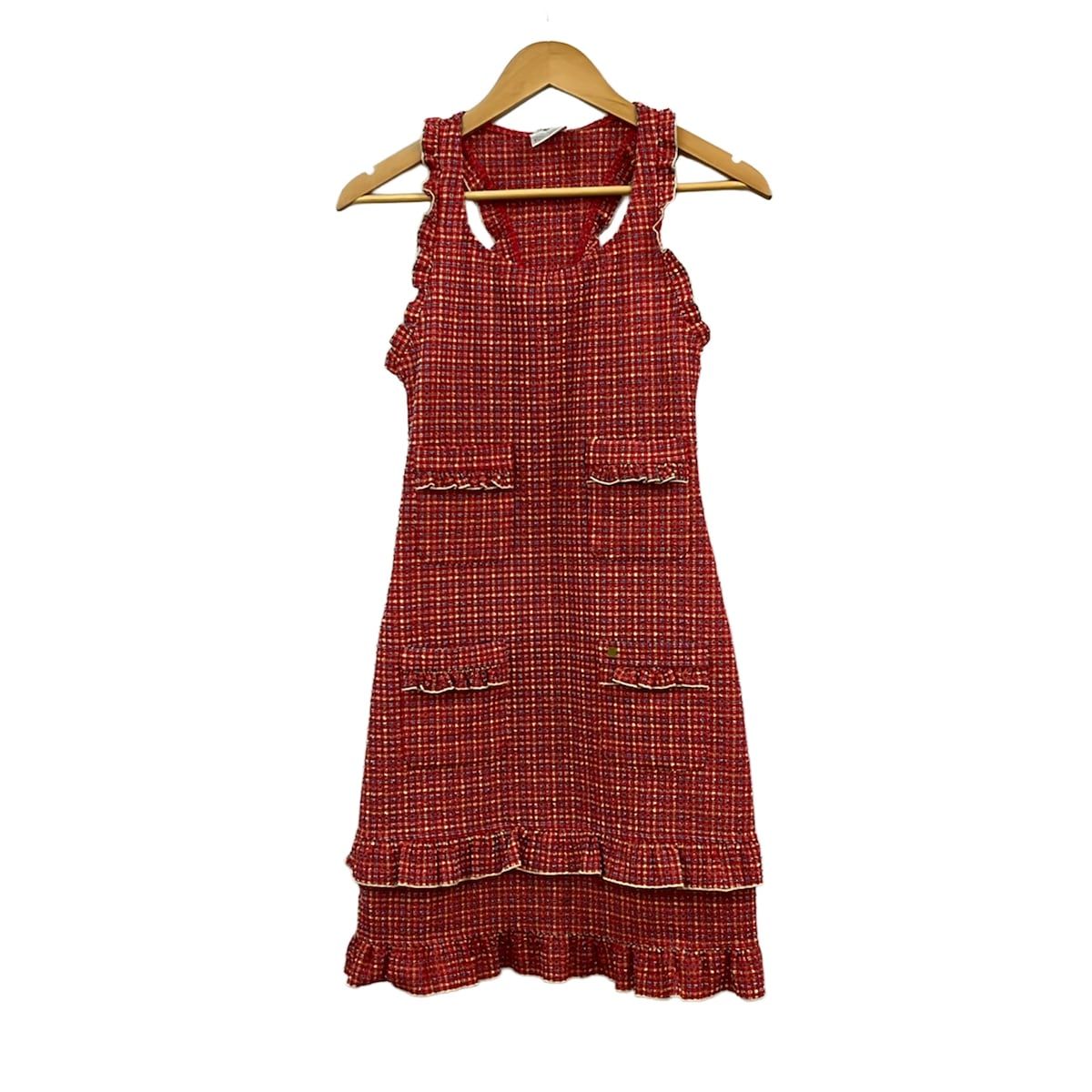 Chanel Dress M Red Yellow Multi Sleeveless Long Plaid Pattern Frills