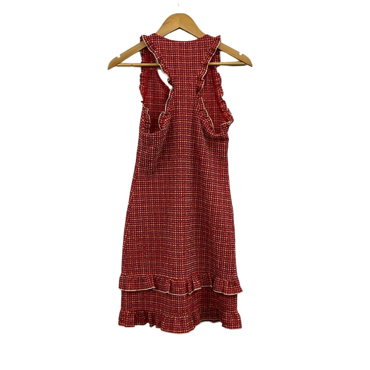 Chanel Dress M Red Yellow Multi Sleeveless Long Plaid Pattern Frills — view 2