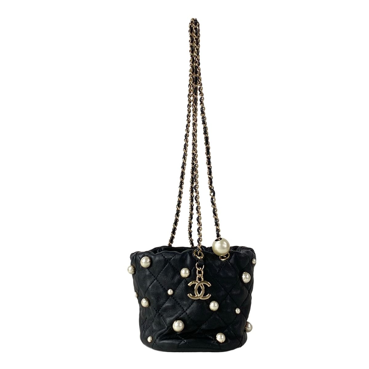 Chanel Shoulder Bag Quilted Black Chain Gold Faux Pearl Drawstring Mini Lambskin