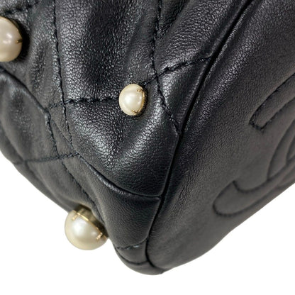 Chanel Shoulder Bag Quilted Black Chain Gold Faux Pearl Drawstring Mini Lambskin — view 8