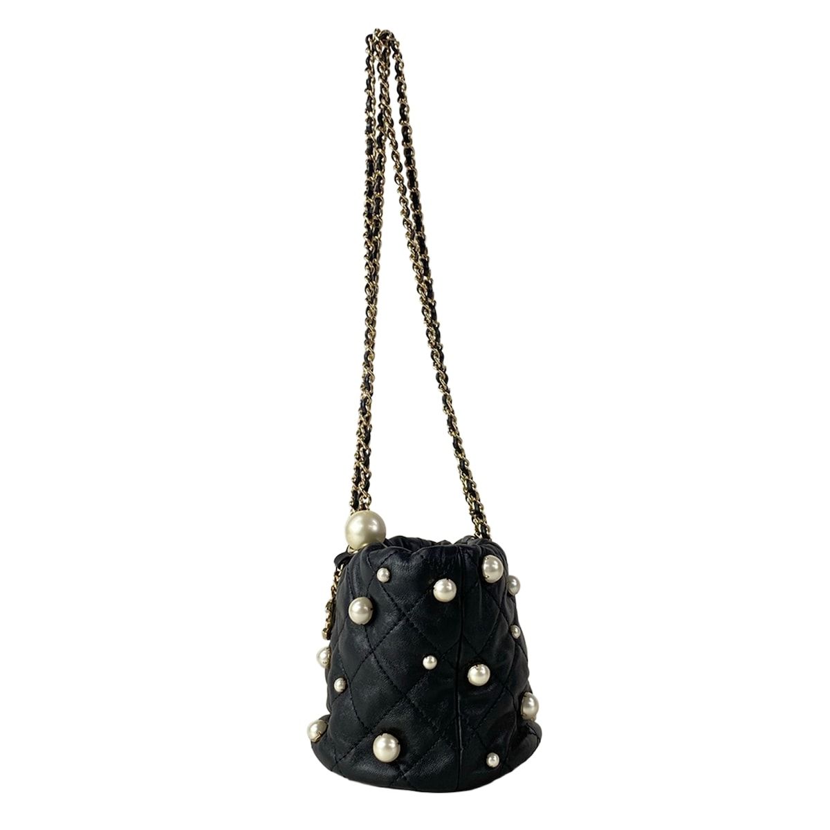 Chanel Shoulder Bag Quilted Black Chain Gold Faux Pearl Drawstring Mini Lambskin — view 4