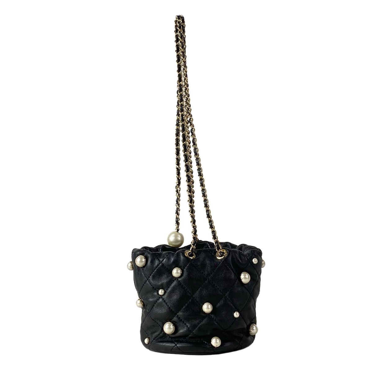 Chanel Shoulder Bag Quilted Black Chain Gold Faux Pearl Drawstring Mini Lambskin — view 3
