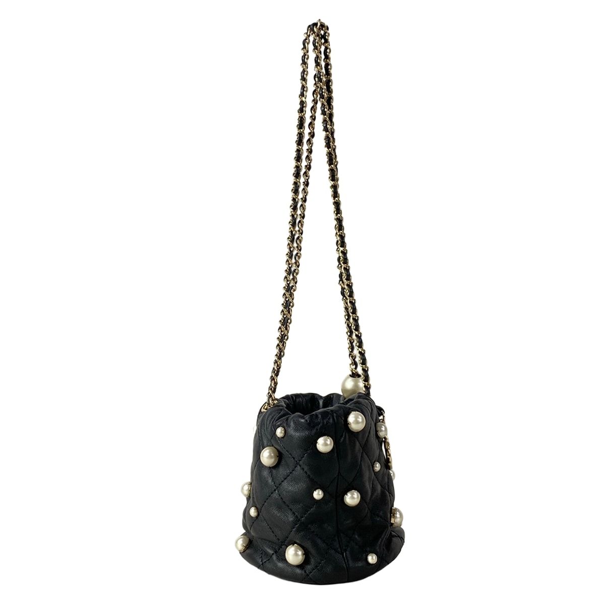 Chanel Shoulder Bag Quilted Black Chain Gold Faux Pearl Drawstring Mini Lambskin — view 2