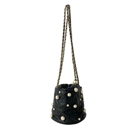 Chanel Shoulder Bag Quilted Black Chain Gold Faux Pearl Drawstring Mini Lambskin — view 2