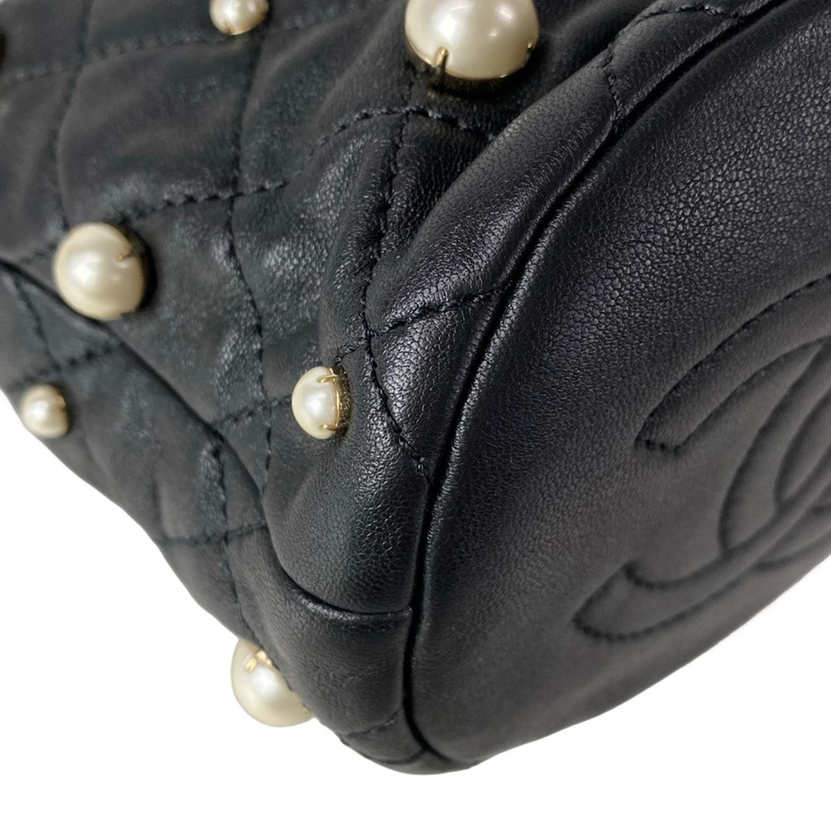 Chanel Shoulder Bag Quilted Black Chain Gold Faux Pearl Drawstring Mini Lambskin — view 6