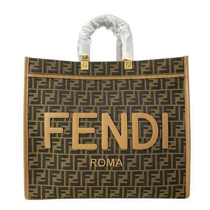 Fendi Tote Sunshine Large Zucca Pattern Dark Brown Light Leather