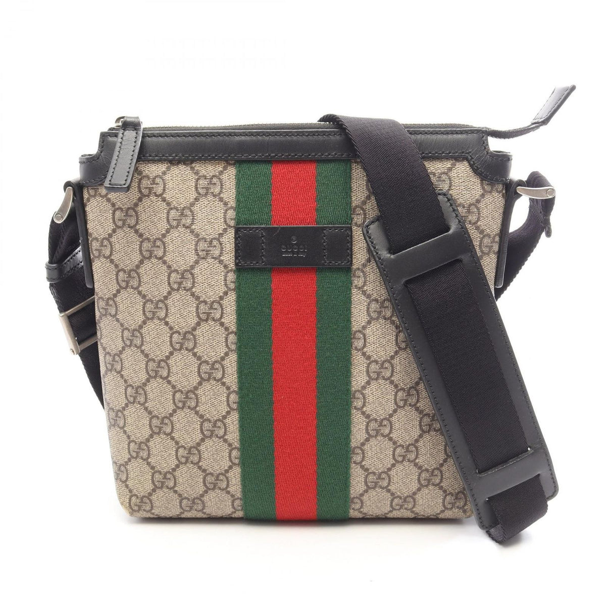Gucci Shoulder Bag GG Supreme Web Stripe Flat Messenger Beige Brown Black