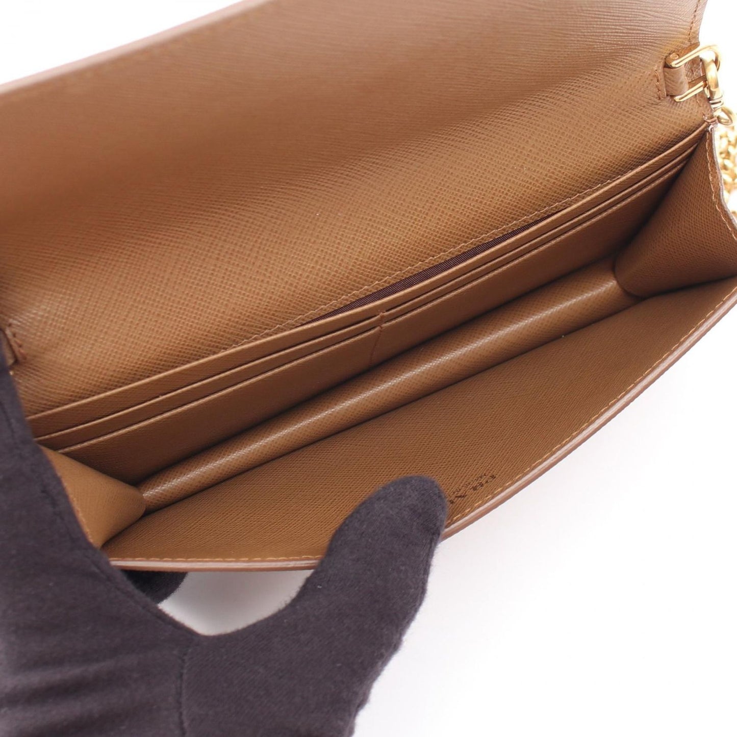 Prada Shoulder Bag Brown Saffiano Leather Metal Logo Chain Wallet — view 3