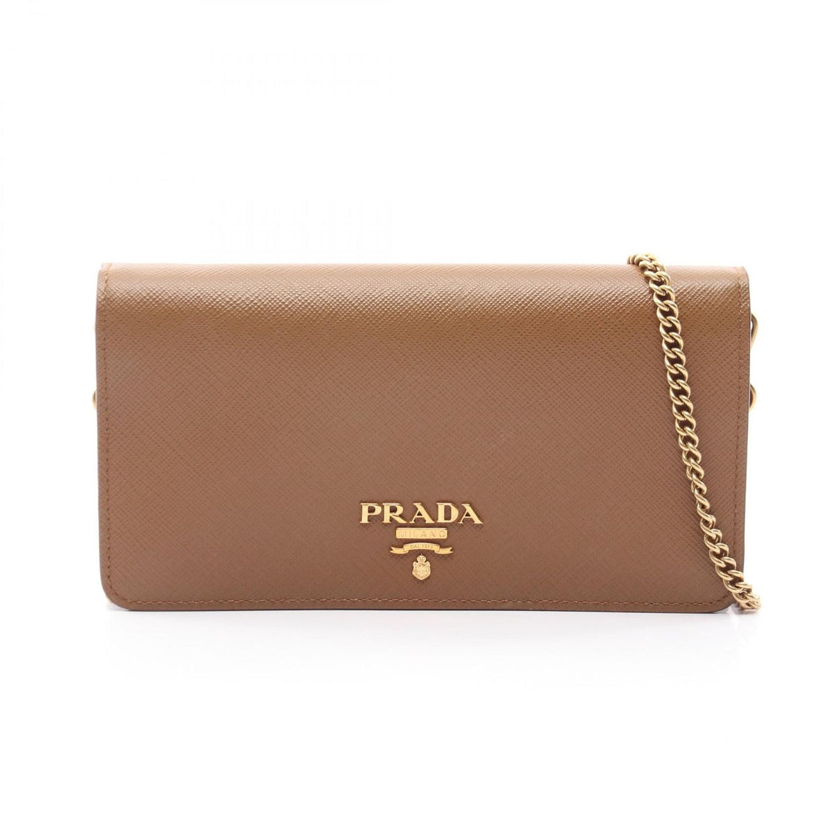 Prada Shoulder Bag Brown Saffiano Leather Metal Logo Chain Wallet