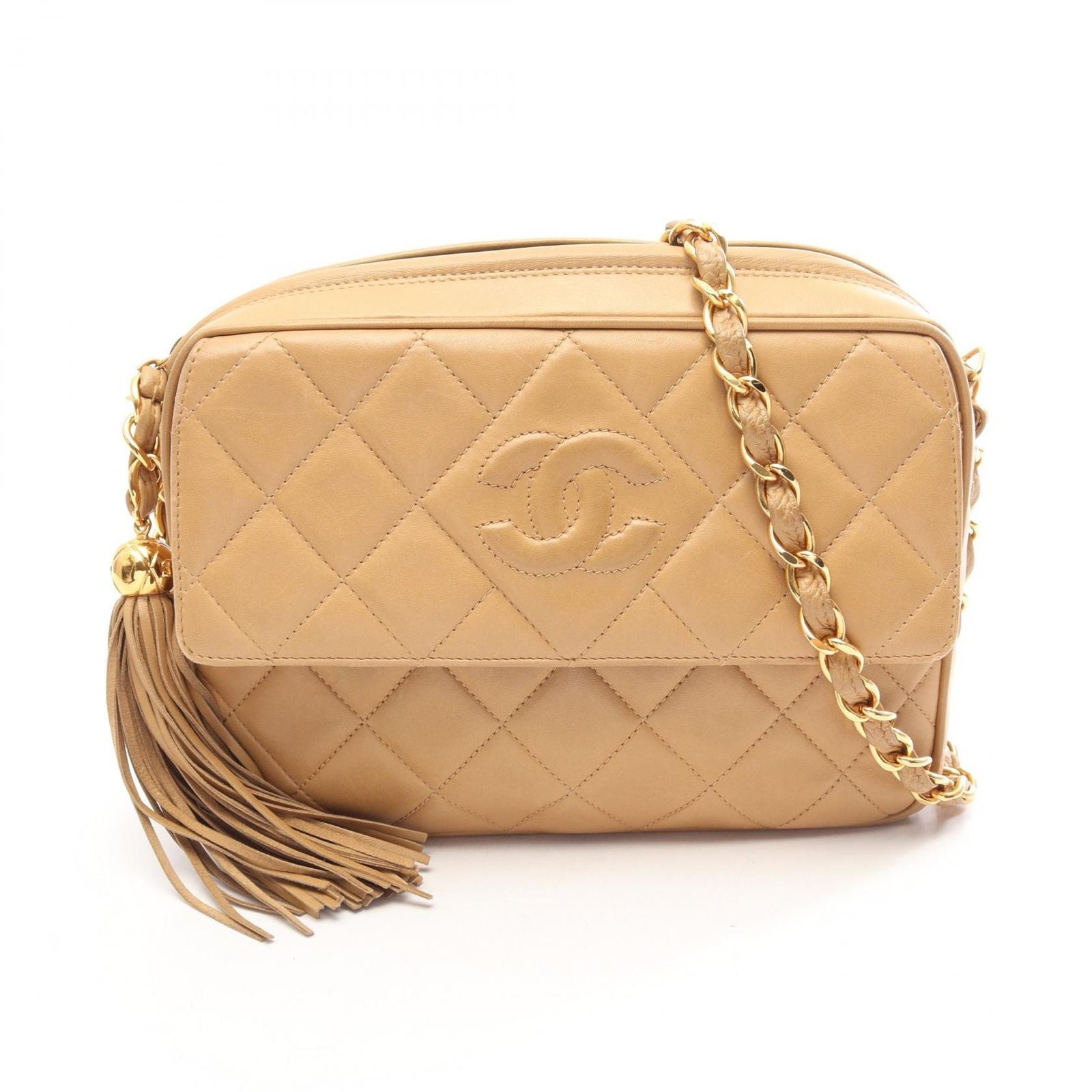 Chanel Shoulder Bag CC Logo Quilted Beige Lambskin Fringe Chain