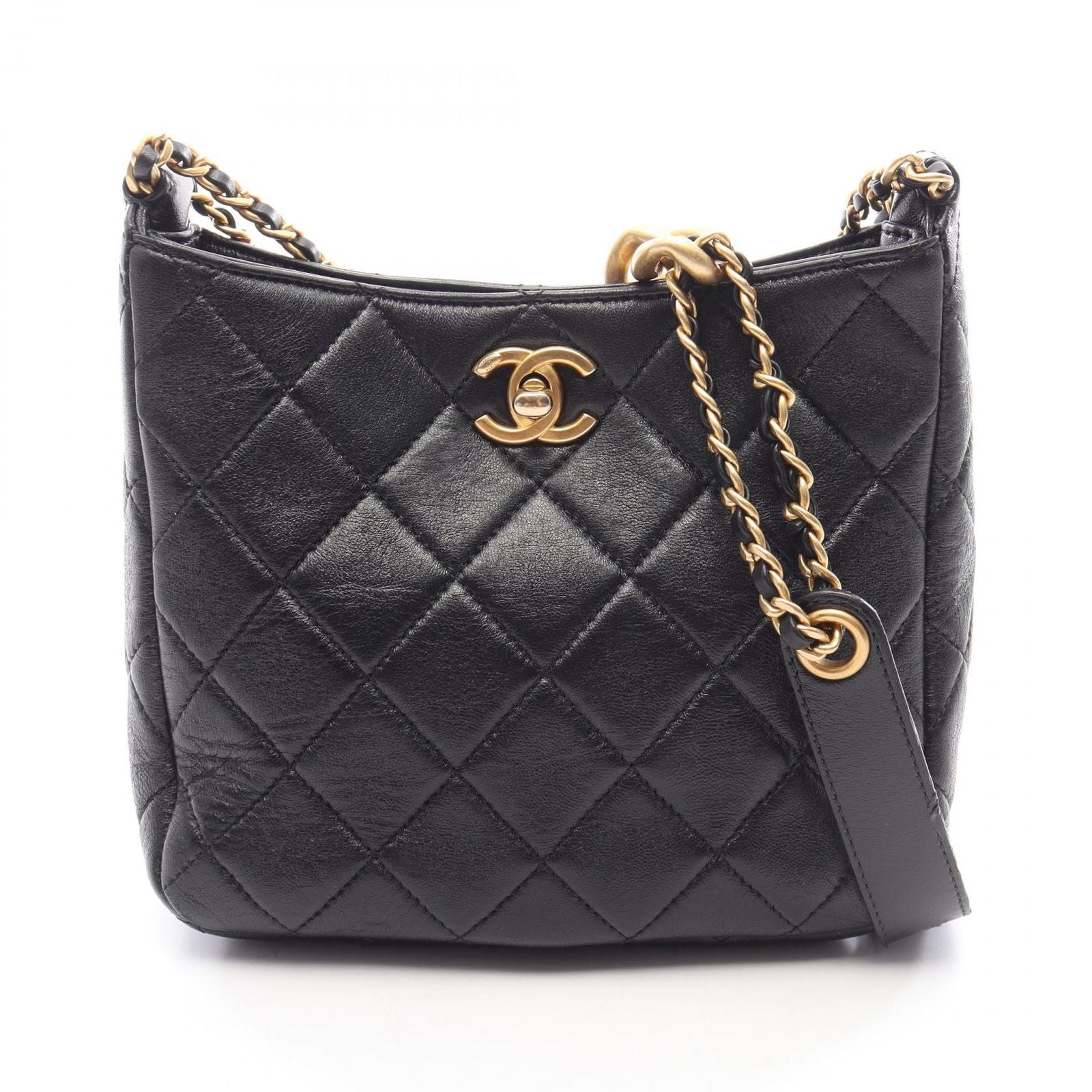 Chanel Shoulder Bag Quilted Small Hobo Black Lambskin Chain