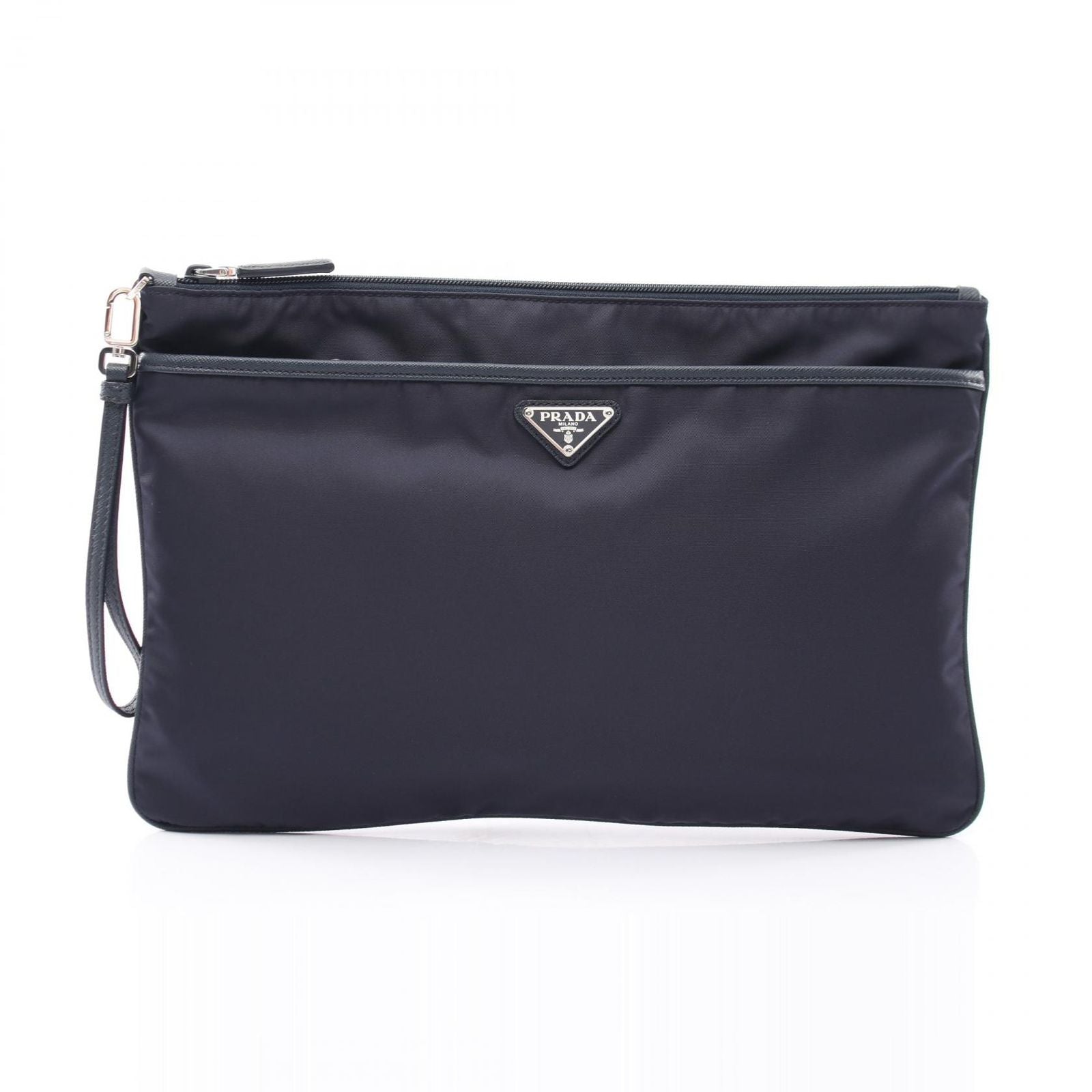 Prada Clutch Tessuto Saffiano Navy Nylon Leather Triangle Logo