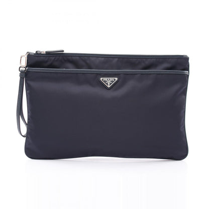 Prada Clutch Tessuto Saffiano Navy Nylon Leather Triangle Logo