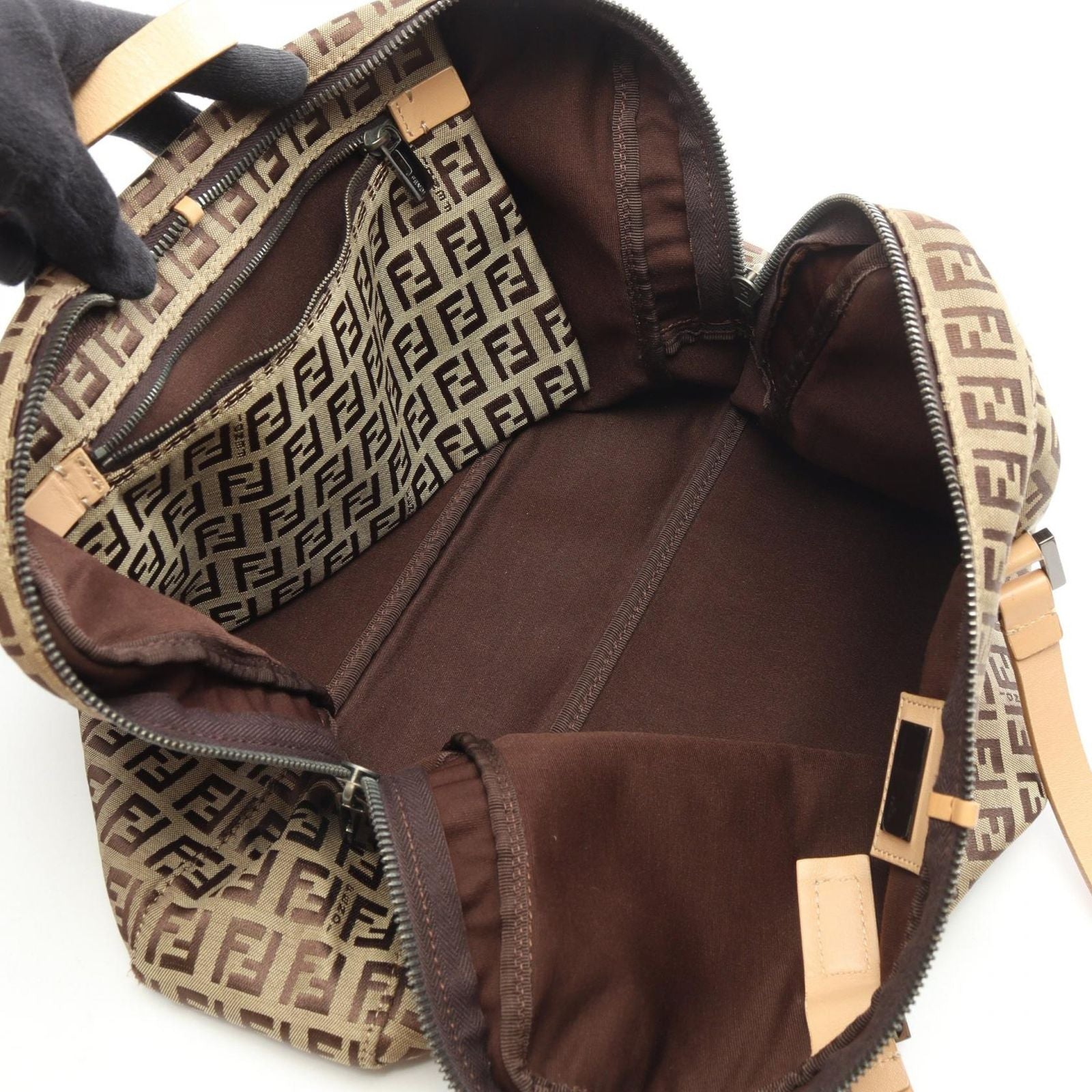 Fendi Tote Zucchino Beige Brown Canvas Leather — view 3
