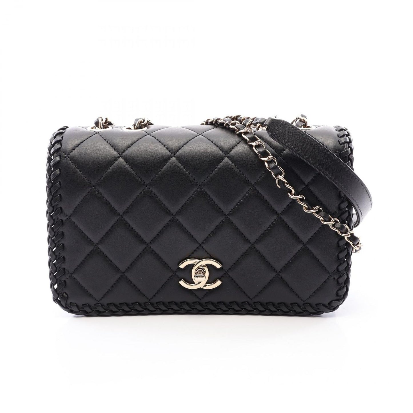 Chanel Shoulder Bag Quilted Full Flap Black Lambskin Chain