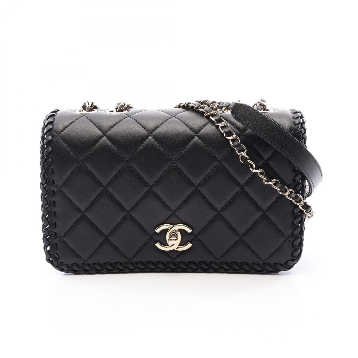 Chanel Shoulder Bag Quilted Full Flap Black Lambskin Chain